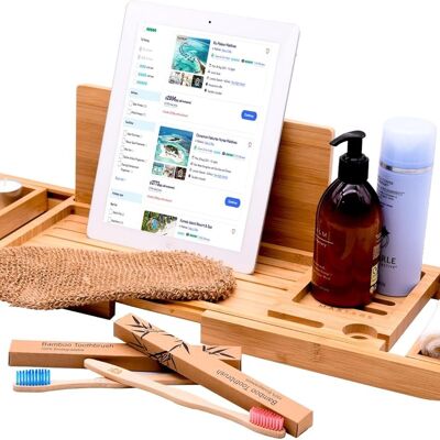 Bamboo Bath Tray, Luxury Extendable Caddy Eco-Friendly with Candle, Wine Glass, Book, iPad & Phone Holders - Adjustable for a Home Spa Experience