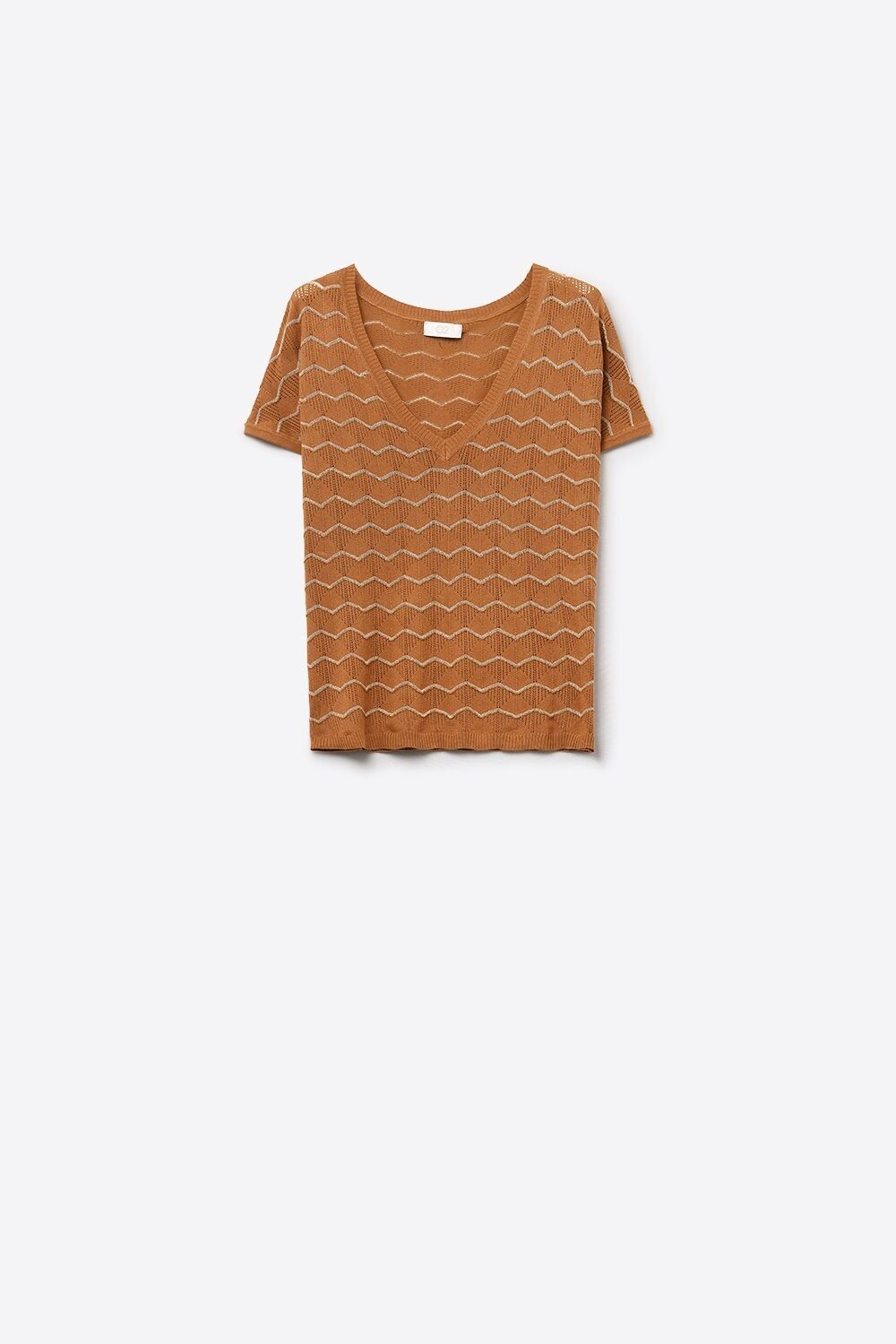 Maglione lavorato a maglia con scollo a V a zigzag e maniche scese in marrone