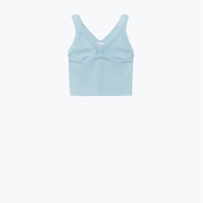 Top in maglia a coste azzurro con scollo a V smerlato