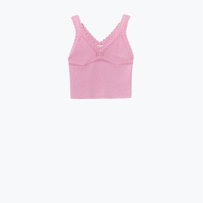 Top de punto acanalado rosa con cuello en V festoneado