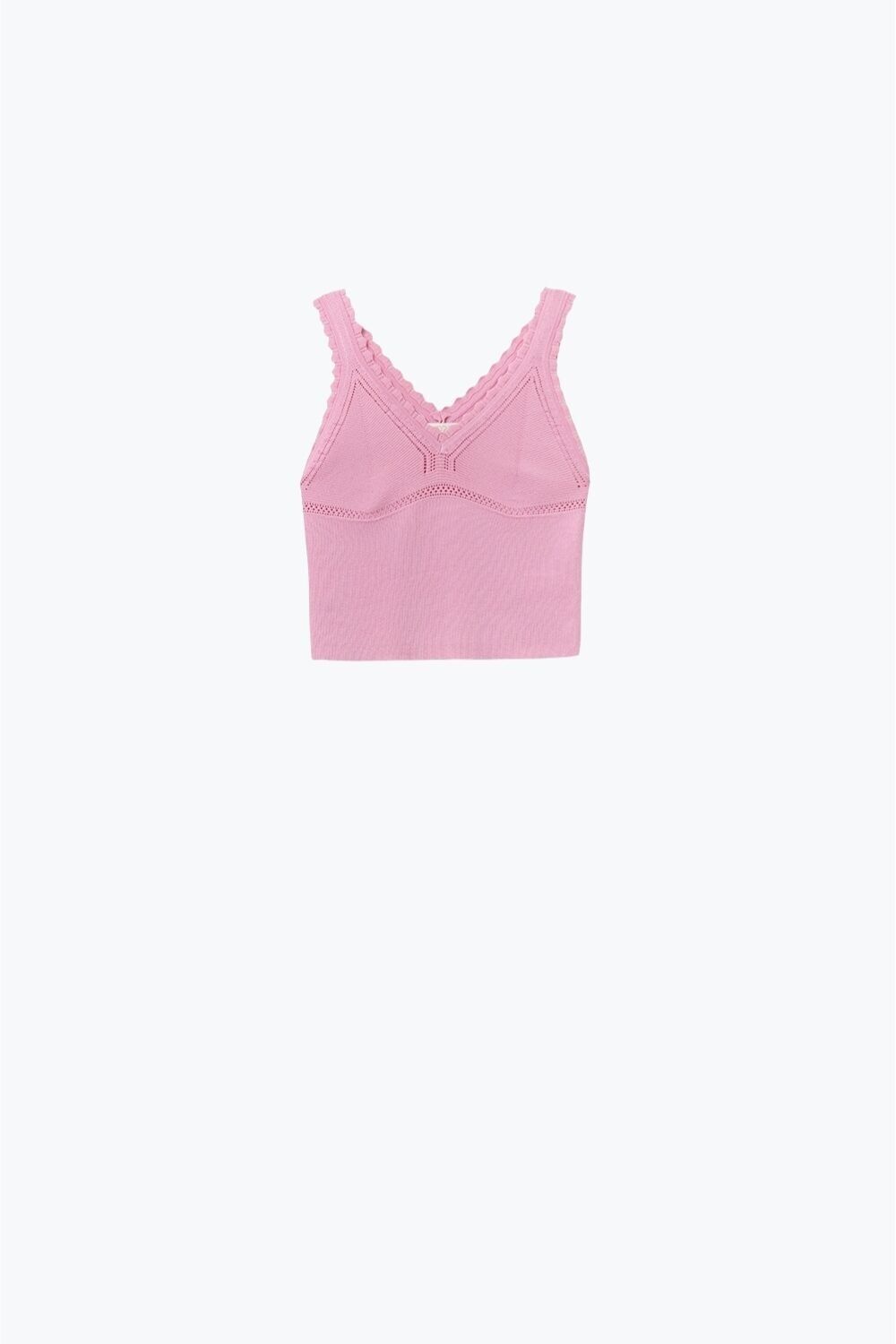 Top in maglia a coste rosa con scollo a V smerlato