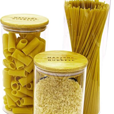 Bocaux de conservation en verre avec couvercles en bambou, boîtes de conservation hermétiques pour aliments de cuisine, récipients cylindriques transparents avec joint de conservation, verre à haute teneur en borosilicate, avec autocollant et craie, M&B (ensemble de pâtes)