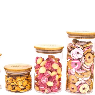 Frascos de vidrio con tapas de bambú, herméticos, para almacenar alimentos en la cocina, con cilindro transparente, con sello de conservación, de vidrio de borosilicato alto, incluye calcomanía y tiza M&B (juego completo)