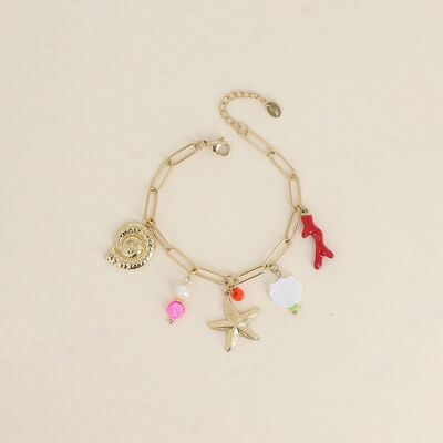 Bracelet - étoile de mer, coquillage escargot, branche de corail émaillée, coquillage effet nacré et perles