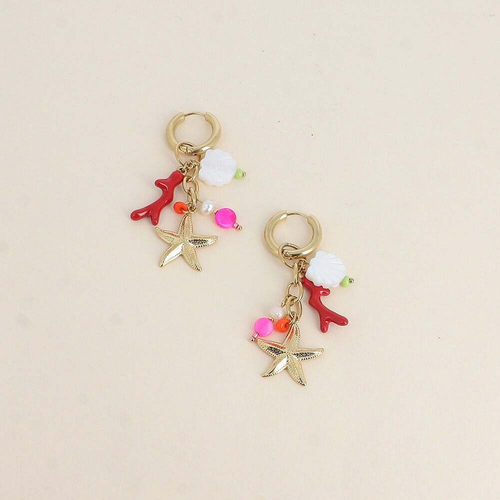 Kreolen - Seestern, emaillierter Korallenzweig, Muschel mit Perlmutteffekt und Perlen