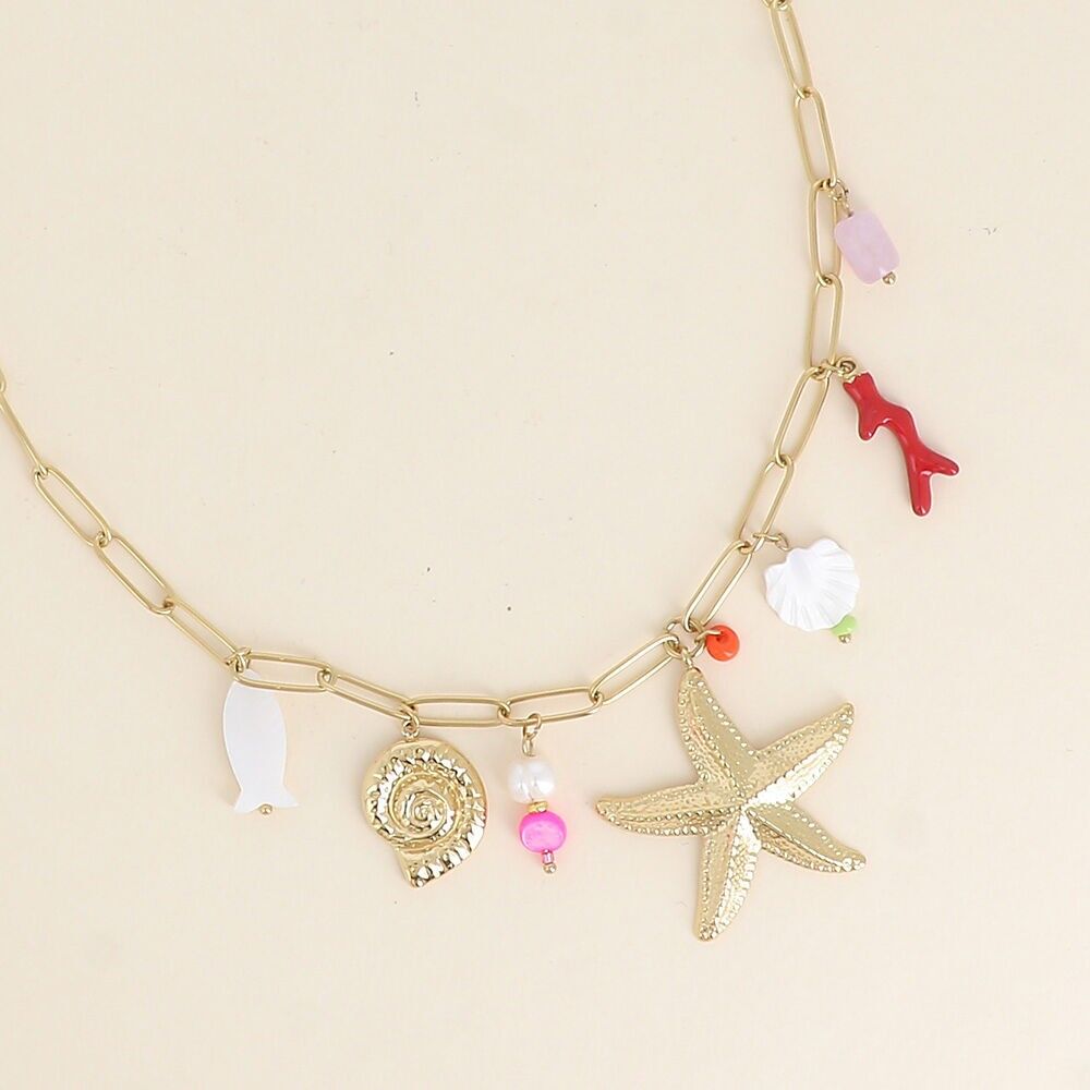 Halskette - Seestern, Schneckenhaus, emaillierter Korallenzweig, Muschel mit Perlmutteffekt und Perlen