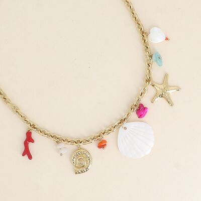 Collana - stella marina, conchiglia di lumaca, ramo di corallo smaltato, conchiglia effetto madreperla e pietre naturali