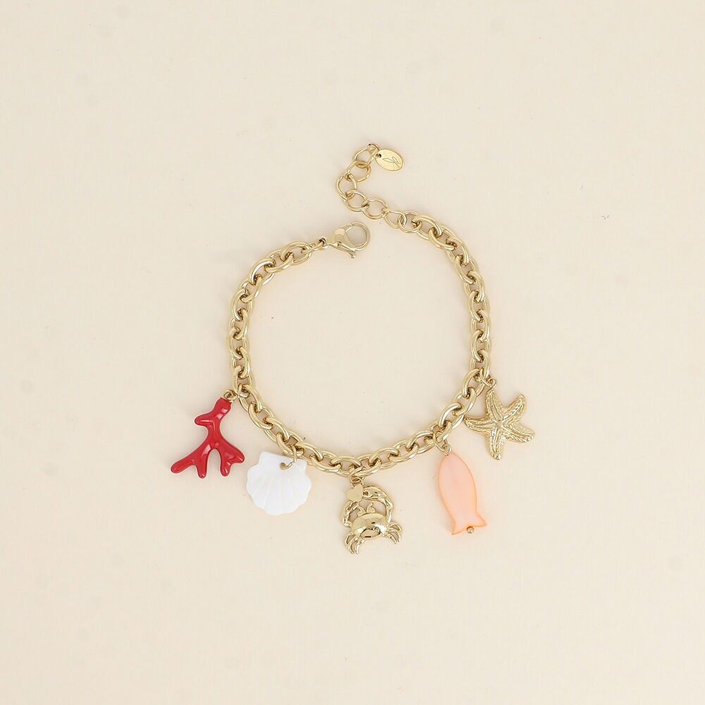 Armband - Seestern, Krabbe, emaillierter Korallenzweig, Muschel mit Perlmutteffekt und Fisch