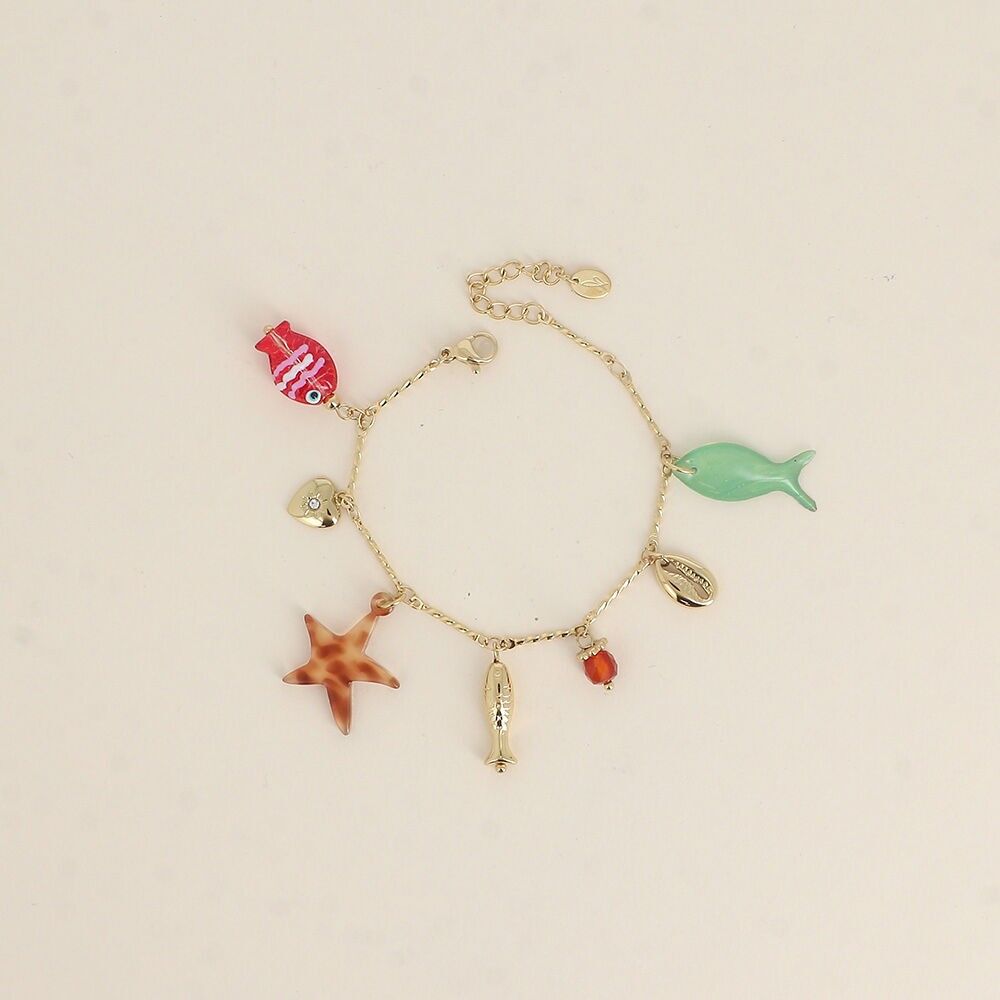 Armband - Perlmutt- und Harzfisch, Kauri-Muschel, Herz, Perle