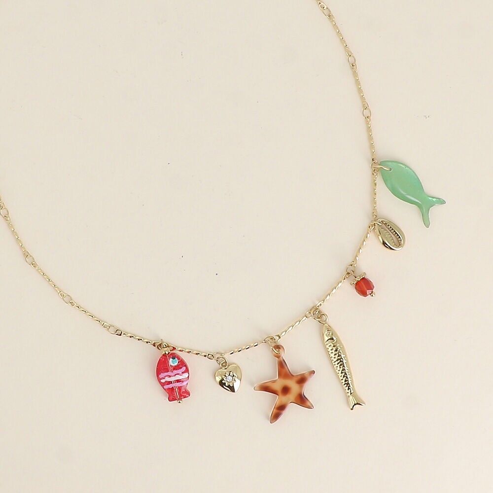 Halskette - Perlen- und Harzfisch, Kauri, Herz, Perle