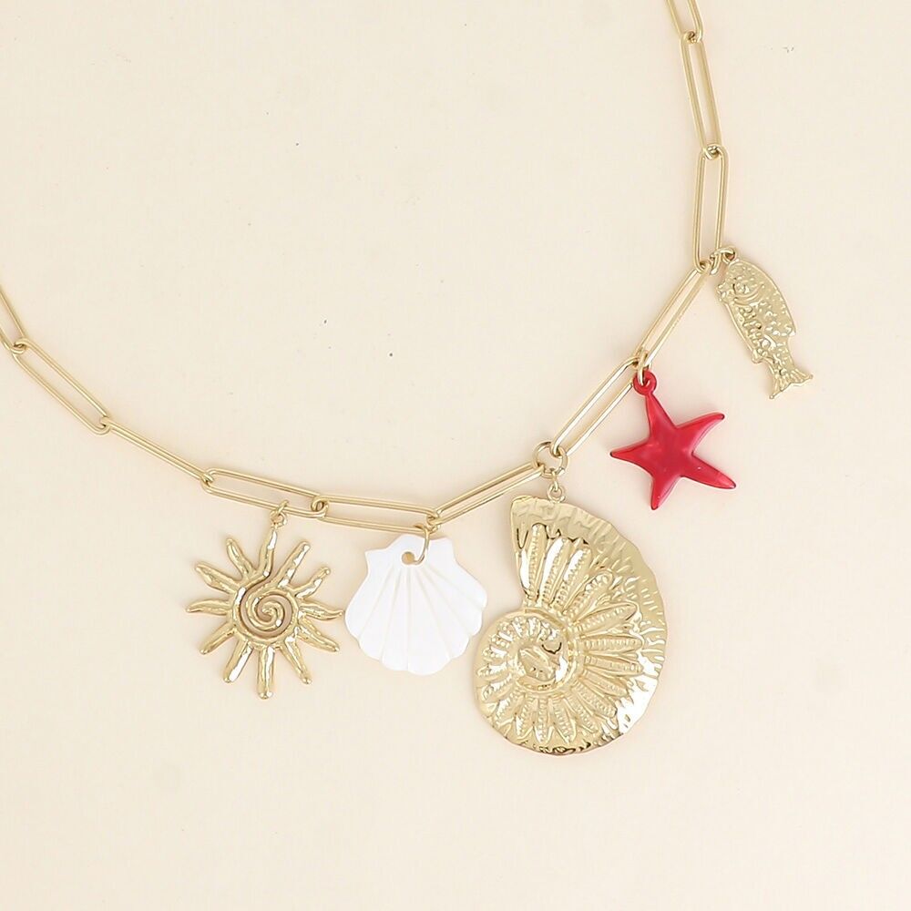 Halskette - strukturiertes Schneckenhaus, Perlenmuschel, Sonne, Fisch und Seestern in Harz