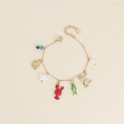 Bracelet - crabe, homard en émail, étoile de mer nacrée, coquillage escargot, poisson en résine, perle d'eau douce et pierres naturelles