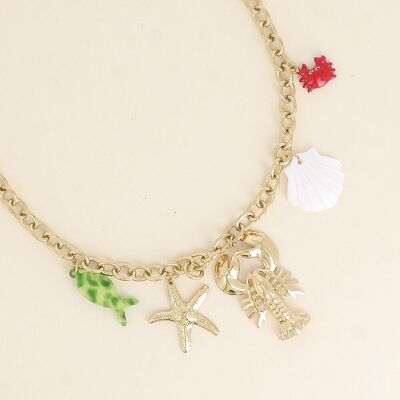 Collar - langosta, cangrejo esmaltado, pez de resina, estrella de mar y concha de perla