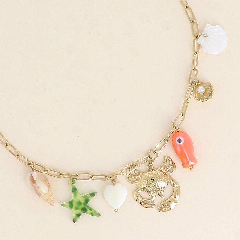 Halskette - Krabbe, Perlmuttmuschel, Natursteine ​​und farbiger Harzstern