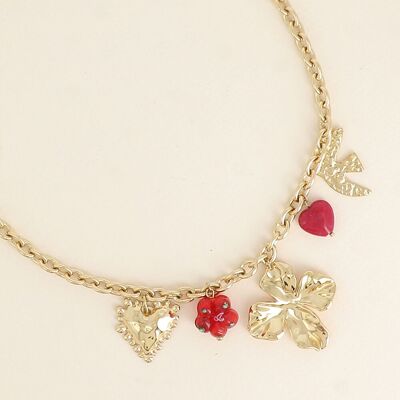 Collana - fogliame, fiori, cuori e uccello