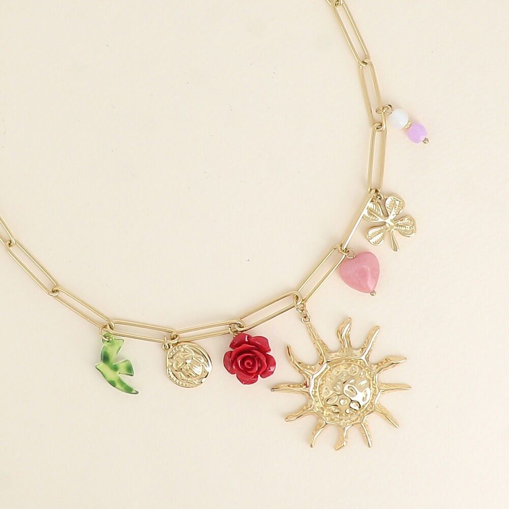 Halskette - Sonne, Käfer, Rose und Vogel aus Harz, Kleeblatt, Herz