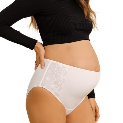 High-Waisted Maternity Briefs in White Embroidered Tulle