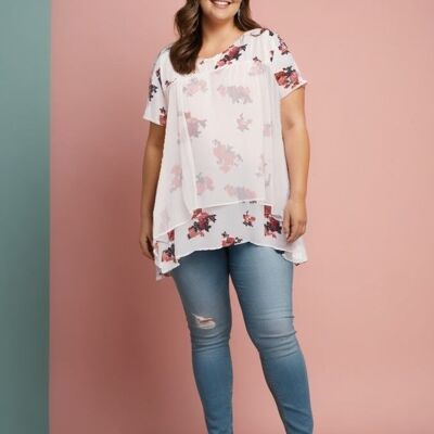Blusa blanca de talla grande con efecto capas (A869)