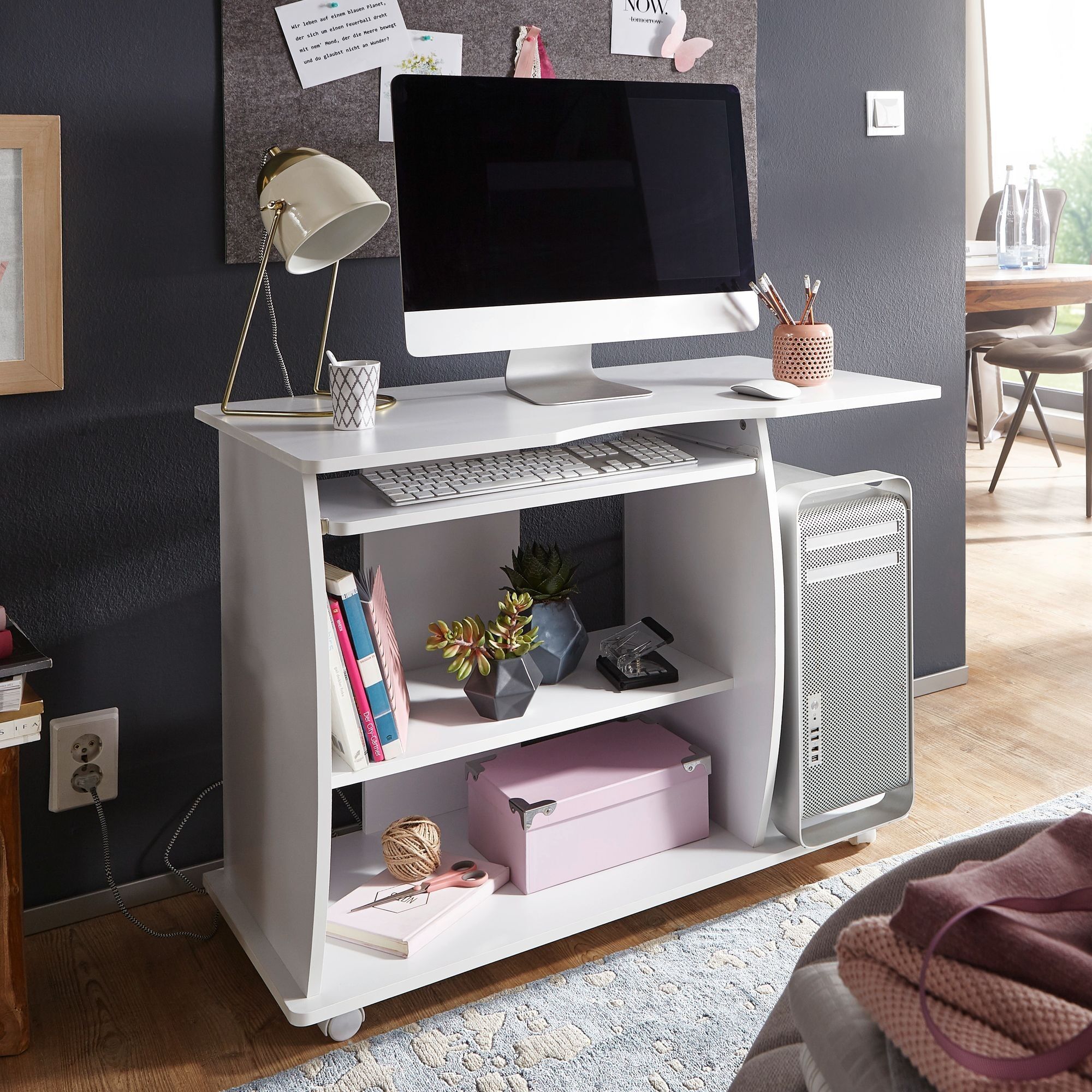 Bureau informatique GRASSE sur roulettes, blanc, 90 x 71 x 50 cm, avec plateau pour clavier, table pour ordinateur portable sur roulettes verrouillables, table PC avec étagère pour imprimante, bureau gain de place pour les petites pièces