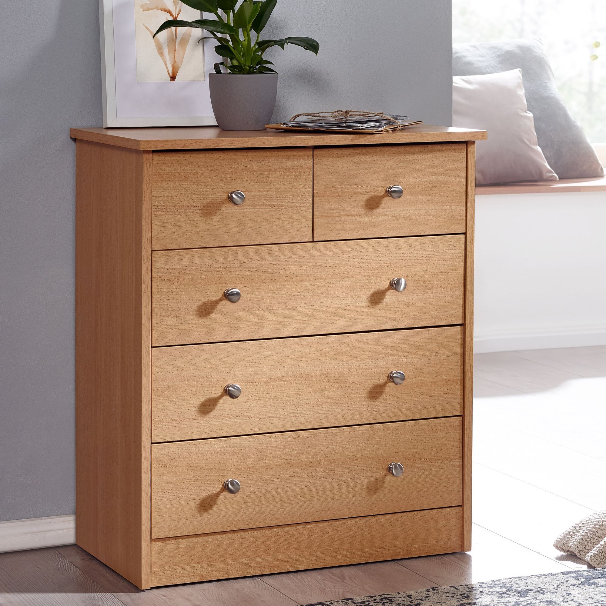 Design wooden chest of drawers 60 x 70 x 35 cm beech with 5 drawers, multifunctional sideboard just for the hall, modern sideboard, timeless sideboard