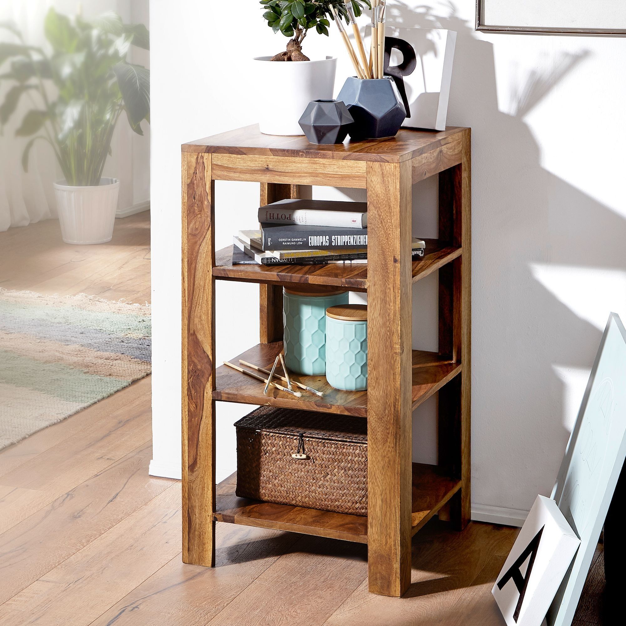 Étagère sur pied MUMBAI en bois massif Sheesham 80 cm étagère de salon avec 3 compartiments de rangement design table d'appoint de style campagnard