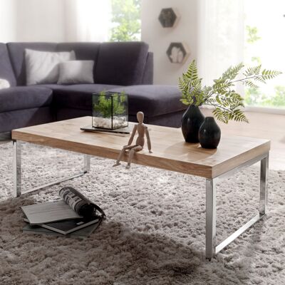 Table basse GUNA en bois d'acacia massif 120 cm de large table basse design marron foncé style campagnard table d'appoint