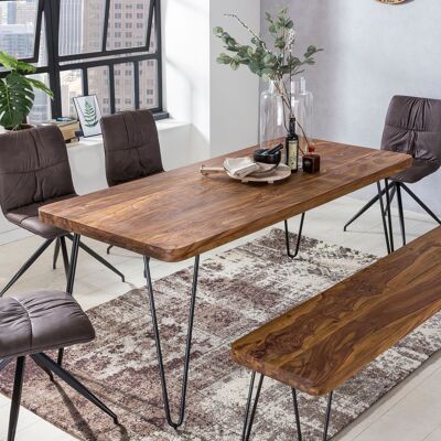 Table à manger BAGLI en bois massif Sesham 120 cm table à manger table en bois pieds en métal table de cuisine maison de campagne marron foncé