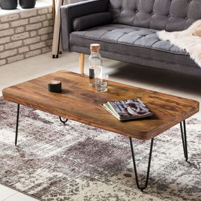 Table basse BAGLI en bois massif de Sesham 115 cm de large table basse design pieds en métal style campagnard table d'appoint