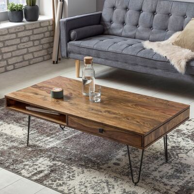 Table basse BAGLI en bois massif de Sesham 110 cm de large table basse design pieds en métal style campagnard table d'appoint