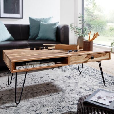 Table basse BAGLI en bois d'acacia massif 110 cm de large table basse design pieds en métal style campagnard table d'appoint