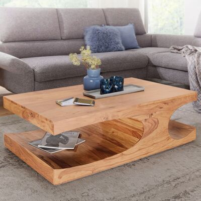 Table basse BOHA en bois d'acacia massif, largeur 118 cm, design marron foncé style campagnard