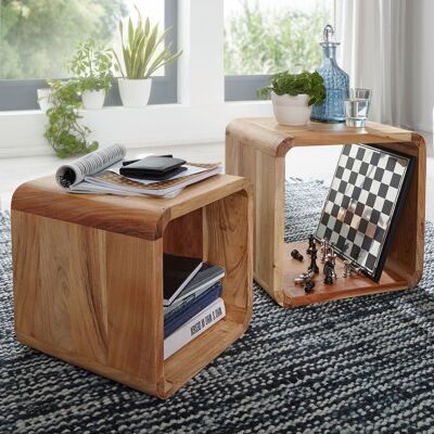 Ensemble de 2 tables d'appoint BOHA table basse design en bois massif acacia 2 tables, ensemble d'étagères cube marron, table de salon massif, tables d'appoint en bois style campagnard, table en bois salon |