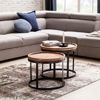 Lot de 2 tables d'appoint AKOLA table de salon en bois d'acacia massif table d'appoint de style campagnard structure en métal bois naturel
