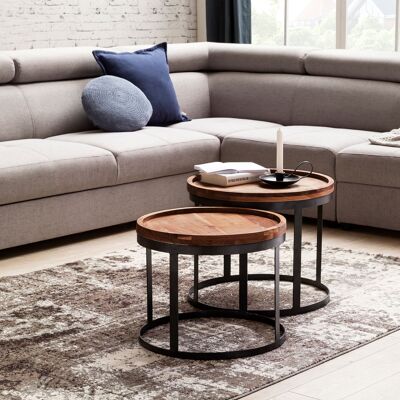 Lot de 2 tables d'appoint AKOLA en bois massif Sesham table de salon style campagnard table d'appoint cadre en métal bois naturel