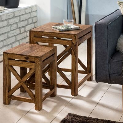 Set of 2 side tables PALI solid wood Sheesham coffee table design dark brown country style coffee table