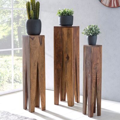 Ensemble de 3 tables d'appoint carrées modernes en bois de sheesham massif, guéridon 3 pièces, support de fleurs pour salon, colonne décorative