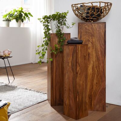 Ensemble de 3 tables d'appoint carrées modernes en bois massif de Sheesham, table à pilier, table à plantes 3 pièces, support de fleurs, table à fleurs, salon, tabouret à plantes, tabouret à fleurs, colonne décorative