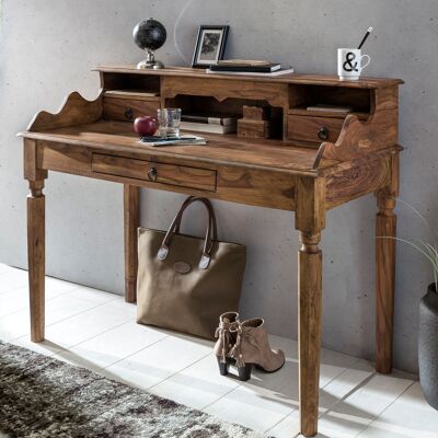 Escritorio de madera maciza de sheesham, secreter 115 x 100 x 60 cm con 3 cajones, consola de estilo rústico