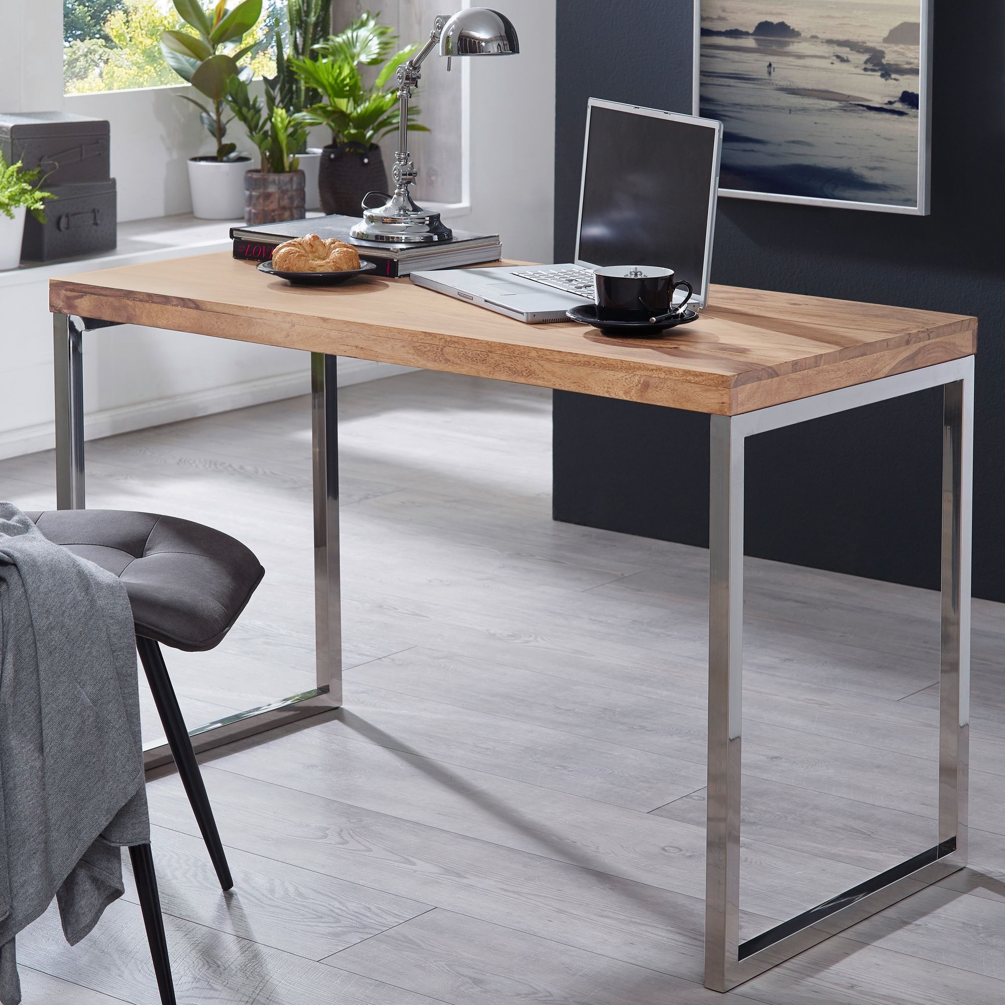 GUNA solid acacia wood desk, 120 x 60 cm computer desk made of real wood, country-style laptop table, console table with metal legs, dark brown work table for the office
