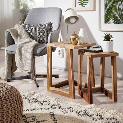 Ensemble de 2 tables d'appoint MUMBAI, table de salon design en bois massif Sheesham, table de chevet carrée, table d'appoint, style campagnard