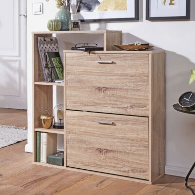 Scarpiera moderna MASSA in legno a 2 scomparti, rovere Sonoma, 12 paia di scarpe, scarpiera 85 x 24 x 93 cm, scarpiera da ingresso con ripiano portaoggetti