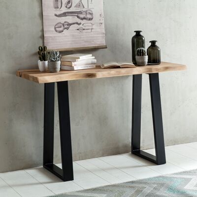 Consola GAYA de madera maciza de acacia, escritorio rústico de 120 cm de ancho, tocador de diseño, secreter con 2 patas de metal, consola de madera auténtica con borde de árbol, consola de mesa