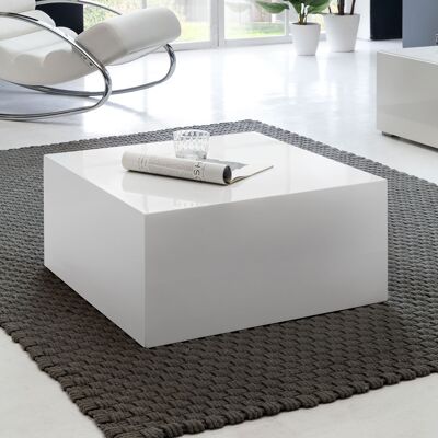 Table basse MONOBLOC 60 x 60 x 30 cm MDF laqué blanc brillant, design Table basse carrée Cube, table d'appoint de salon forme cube