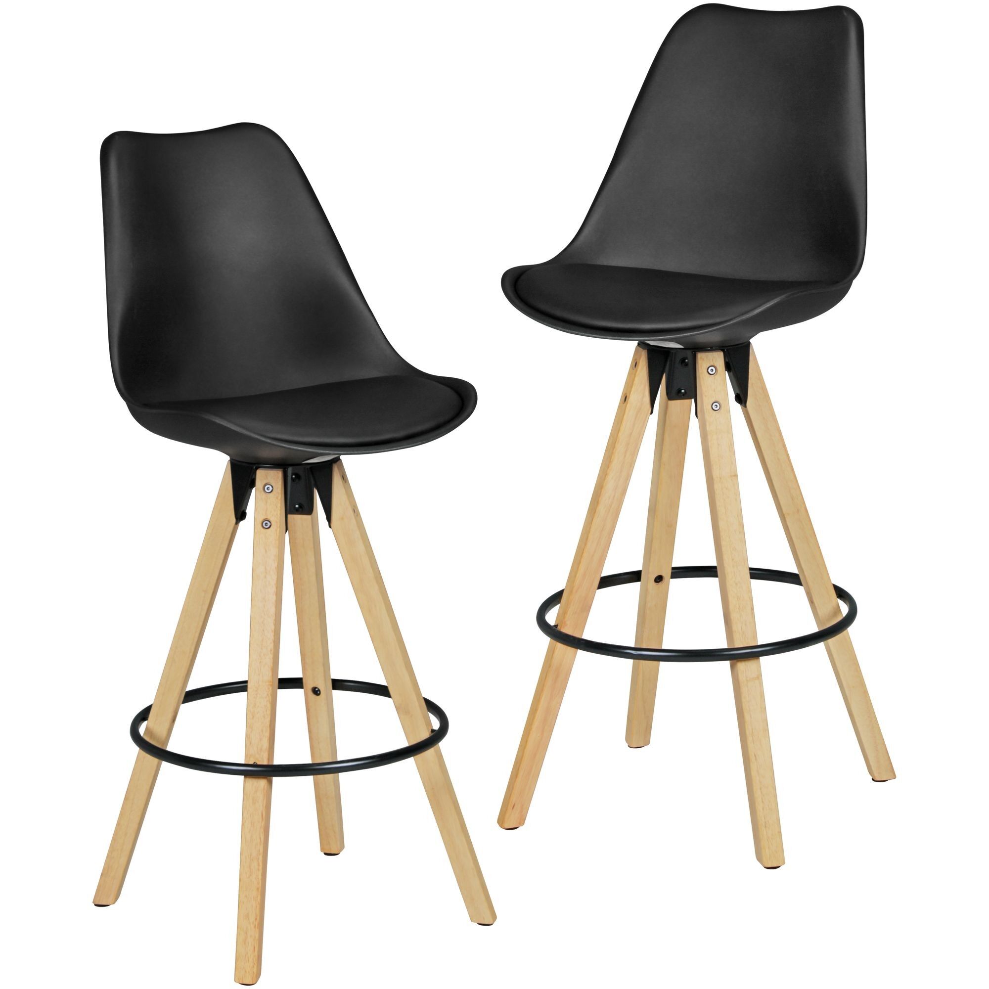 Lot de 2 tabourets de bar LIMA en noir, design rétro, simili cuir et bois avec dossier, tabouret de bar design rétro scandinave, 2 pièces, tabouret de bar, hauteur d'assise 77 cm