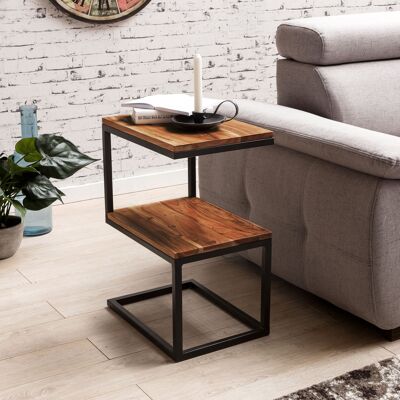 Table d'appoint AKOLA en forme de S en bois de sheesham massif/métal 45 x 60 x 30 cm, table de salon design style campagnard, table d'appoint table de rangement carrée