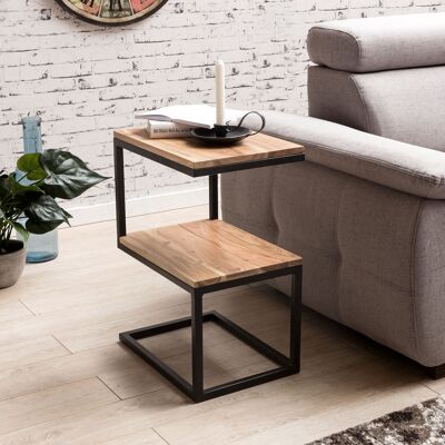 Table d'appoint AKOLA en forme de S en bois d'acacia massif/métal 45 x 60 x 30 cm, table de salon design style campagnard, table d'appoint table de rangement carrée