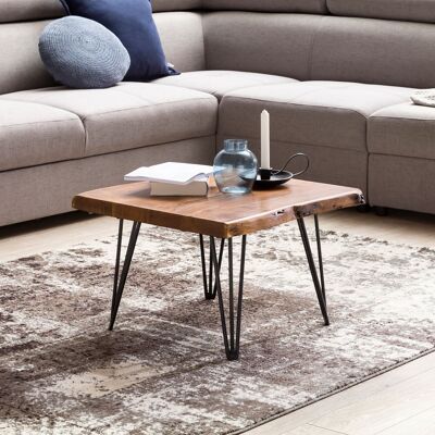 Table basse design en bois massif de Sheesham avec bord en arbre 56 x 38 x 51 cm, table en bois de Sheesham avec pieds en métal, table de salon dans un style maison de campagne rustique