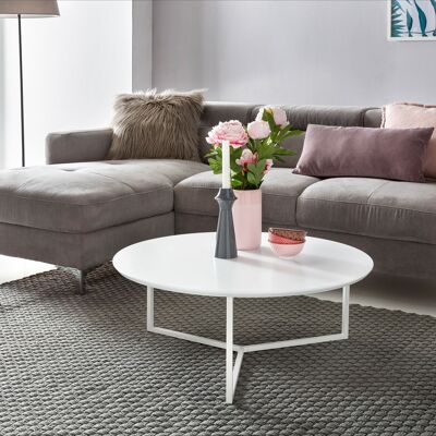 Table basse design bois MDF blanc mat structure métal ø 80 cm, table basse laquée table basse moderne, table basse ronde