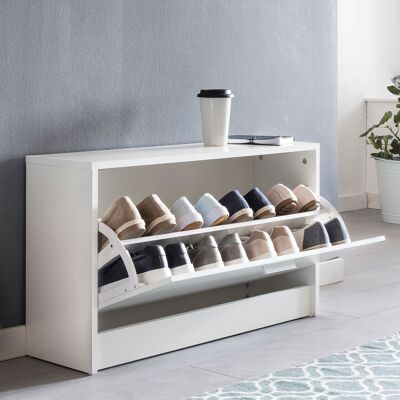 Banc à chaussures SPLIT avec assise blanche, basculeur à chaussures en bois 80 x 47 x 24 cm, petit banc d'entrée fermé, banc d'entrée étroit avec espace de rangement, armoire à chaussures, banc d'armoire simple, meuble d'entrée