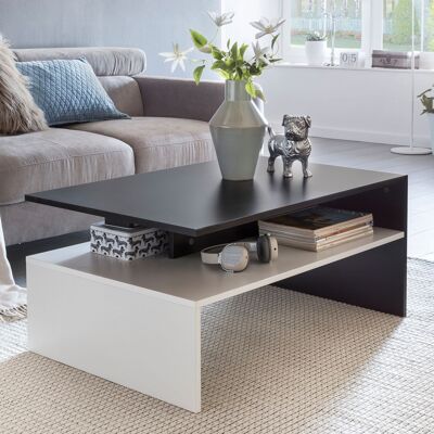 Table de salon 90 x 43 x 60 cm avec étagère en bois noir/blanc, table basse de salon design en deux parties avec espace de rangement, table basse carrée, table basse moderne, grande et haute table basse
